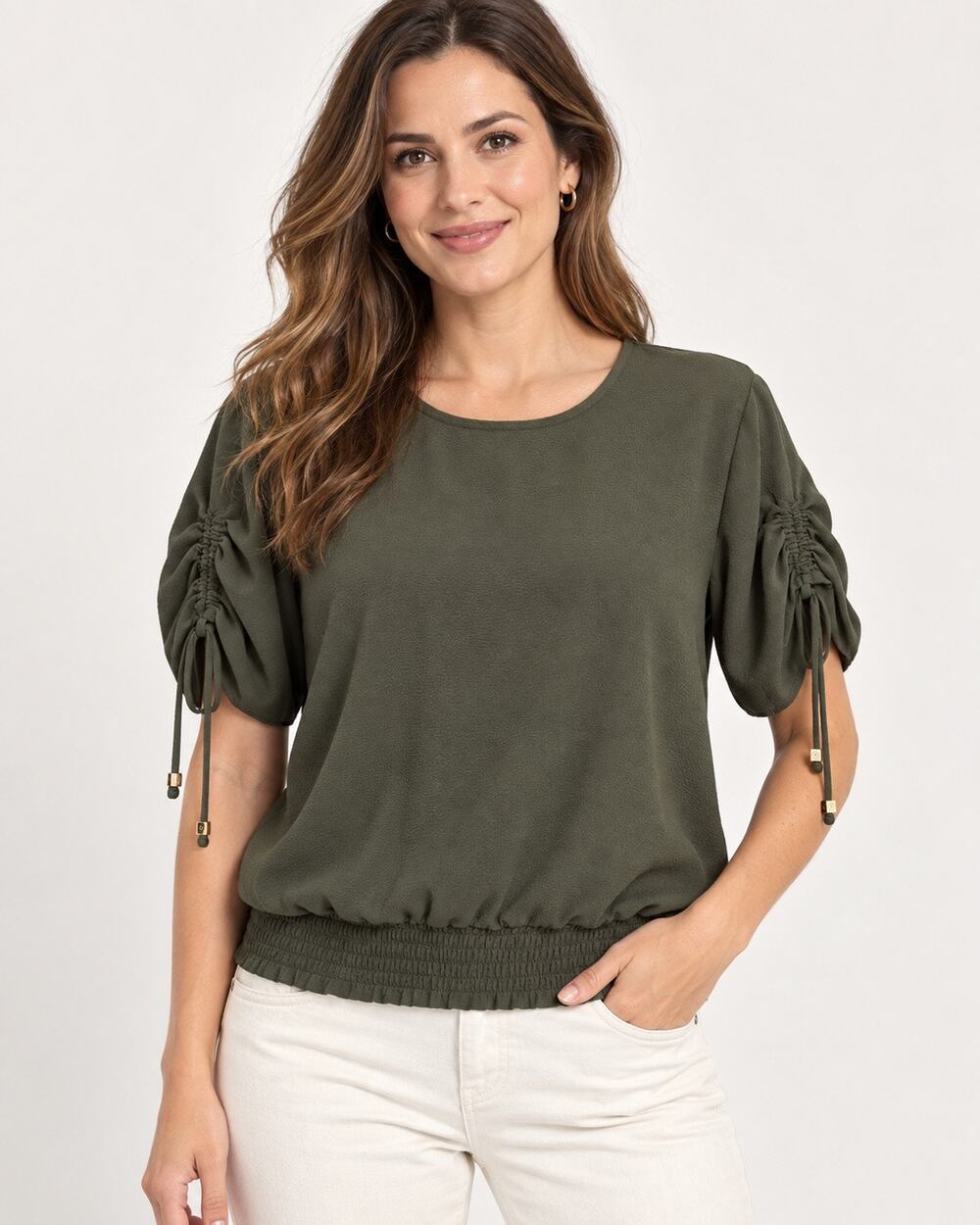 MICHAEL Michael Kors Olive Blouse M Ruched Drawstring Sleeve Boho Smocked